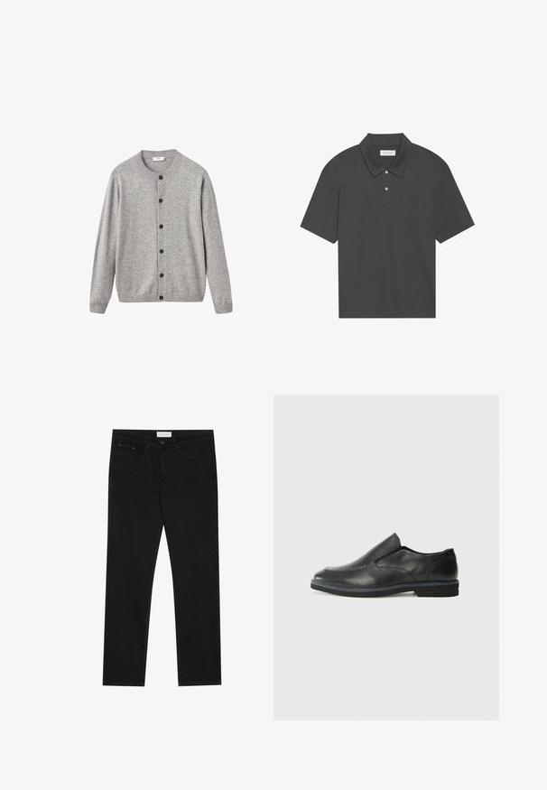 Grauer Cardigan aus weichem Strickstoff, mit rundem Ausschnitt, sieben schwarzen Knöpfen auf der Vorderseite und gerippten Bündchen und Saum.; Dunkelgraues Poloshirt mit traditionellem Kragen, Drei-Knopf-Leiste, kurzen Ärmeln und einer linken Brusttasche. Glatte Stoffoberfläche.; Schwarze gerade Jeans mit Fünf-Taschen-Design, Knopf- und Reißverschluss, und einem Pier One-Label am Bund.; Schwarze Leder-Slipper mit glattem Obermaterial, gesteppten Akzenten, runder Zehenpartie und niedrigem Gummiabsatz. Die Sohle hat ein minimales Profil.