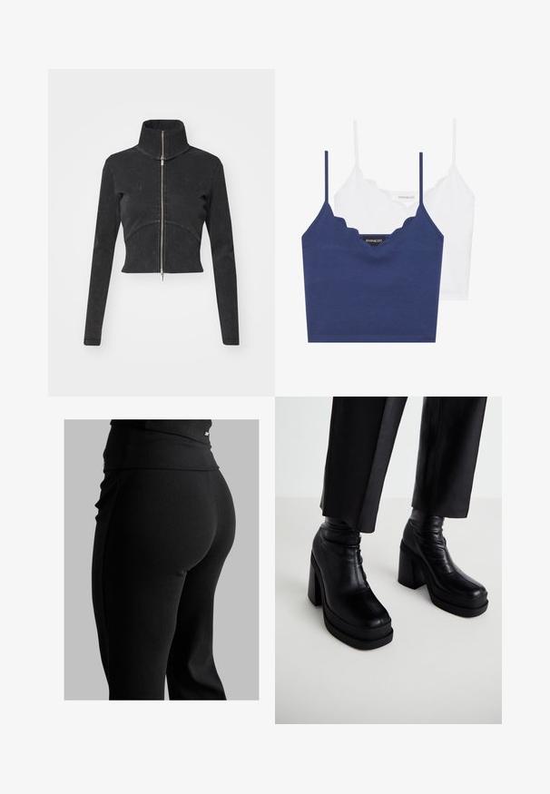 Chaqueta de denim negro cortada con cuello alto, cremallera completa y mangas largas. Presenta un diseño de costura curvada y una textura sutil.; Conjunto de bralette de algodón en navy y blanco con escote en forma de ondas, tirantes delgados ajustables y un diseño ajustado. Etiqueta de logo en el lado interior de la pieza navy.; Leggings negros de canalé con una cinturilla alta, forma ajustada y textura suave. Incluye un sutil detalle de hardware en la cinturilla.; Botas de plataformas negras de cuero con un alto tacón de bloque y una textura suave. Presentan detalles de costura y un diseño de parte superior ajustada.