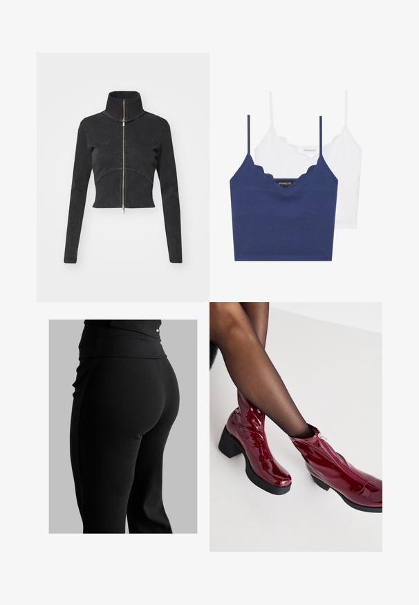 Geschnittene schwarze Jeansjacke mit hohem Kragen, vollem Reißverschluss und langen Ärmeln. Verfügt über ein gewelltes Nahtdesign und subtile Textur.; Marineblaues und weißes Baumwoll-Bralette-Set mit gewelltem Ausschnitt, dünnen verstellbaren Trägern und tailliertem Design. Logotag auf der Innenseite des marineblauen Teils.; Schwarze, gerippte Leggings mit hohem Bund, figurbetonter Form und glatter Textur. Mit dezentem Hardware-Detail am Bund.; Rote Lackleder-Ankle Boots mit einem klobigen schwarzen Absatz und Reißverschlussdetails. Glatte Textur, elegantes Design mit runder Zehenpartie.