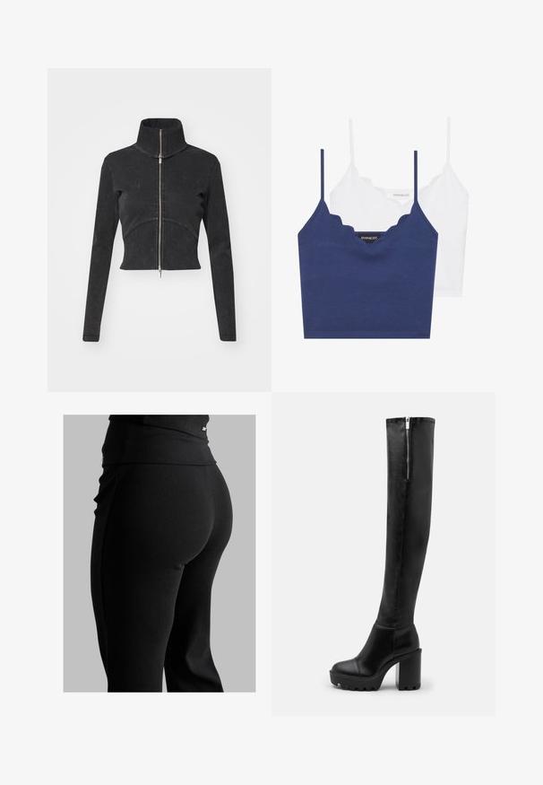 Veste en denim noir coupée avec un col haut, une fermeture éclair complète et des manches longues. Présente un design à couture courbée et une texture subtile.; Ensemble de bralette en coton marine et blanc avec un décolleté festonné, des bretelles fines et ajustables, et une coupe ajustée. Étiquette logo sur le côté intérieur de la pièce marine.; Leggings noirs côtelés avec une taille haute, une coupe moulante et une texture lisse. Comprend un détail matériel subtil sur la taille.; Even&Odd Bottes à talons hauts - black