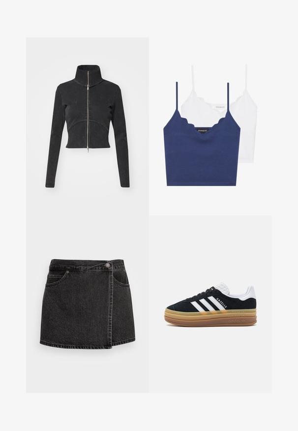 Geknipte zwarte denimjasje met hoge kraag, volledige rits en lange mouwen. Bevat een gebogen naadontwerp en subtiele textuur.; Navy en witte katoenen bralette set met een scalloped halslijn, dunne verstelbare bandjes en een aansluitend ontwerp. Logo label aan de binnenzijde van het navy stuk.; Zwarte denim mini-rok met een licht rafelige zoom, twee voorzakken en een zilveren knoopsluiting. Heeft een zijdelingse omslagontwerp.; Zwarte suède sneakers met witte accenten en drie stripes, voorzien van een gestructureerde witte hiel, rubberen zool en 'Gazelle' branding.