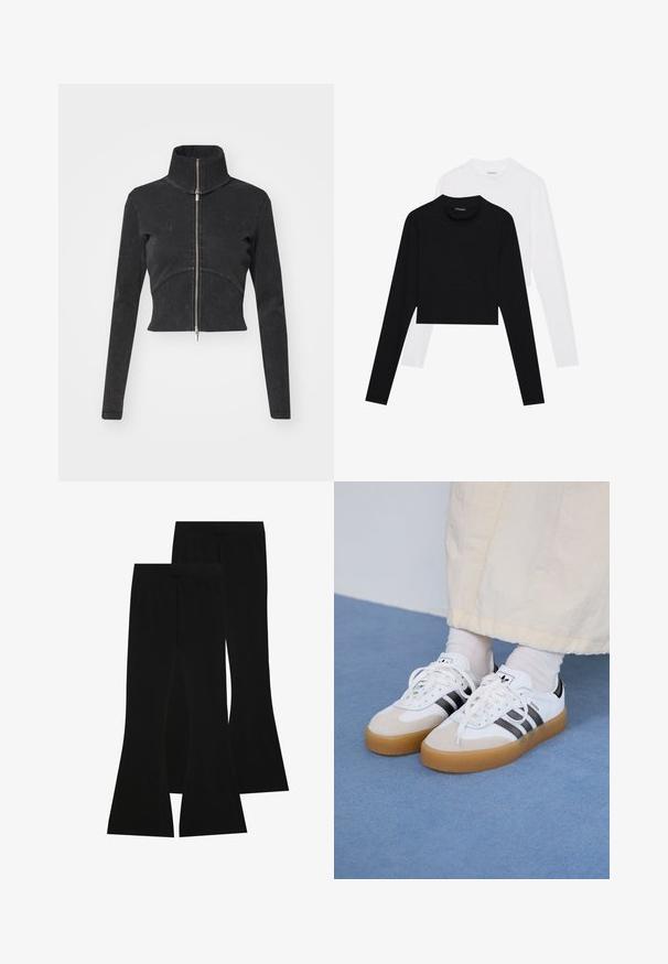 Veste en denim noir coupée avec un col haut, une fermeture éclair complète et des manches longues. Présente un design à couture courbée et une texture subtile.; Ensemble de deux crop tops à manches longues en noir et blanc. Fabriqués en tissu doux avec un col rond et une silhouette ajustée.; Pantalons noirs évasés en tissu extensible, dotés d'une taille haute et d'une texture lisse, avec une coupe ajustée qui s'évasent à partir du genou.; Baskets blanches avec des rayures noires et des accents en daim beige. Elles présentent une semelle en gomme texturée et des lacets plats blancs, portées avec des chaussettes claires.