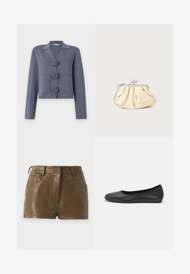 Gekürzte, strukturierte Jacke aus blau-grauer Stoff mit einem Schalkragen, ausgestattet mit drei dekorativen Rosettenknöpfen und zwei Fronttaschen.; Langärmliges weißes T-Shirt aus geripptem Baumwollstoff, mit rundem Ausschnitt und geradem Saum. Einfaches Design ohne Muster oder Akzente.; Braune Kunstleder-Shorts mit tailliertem Schnitt, Bund mit Gürtelschlaufen, frontale Taschen und sichtbaren Steppnähten.; Schwarze Leder-Ballettschuhe mit abgerundeter Spitze, glatter Textur, minimalen Nähdetails und einem flexiblen Sohlen-Design.; Faltige beigefarbene Ledertasche mit einem silbernen Metallrahmen, ausgestattet mit zwei runden dekorativen Verschlüssen und einem silbernen Kettenriemen.