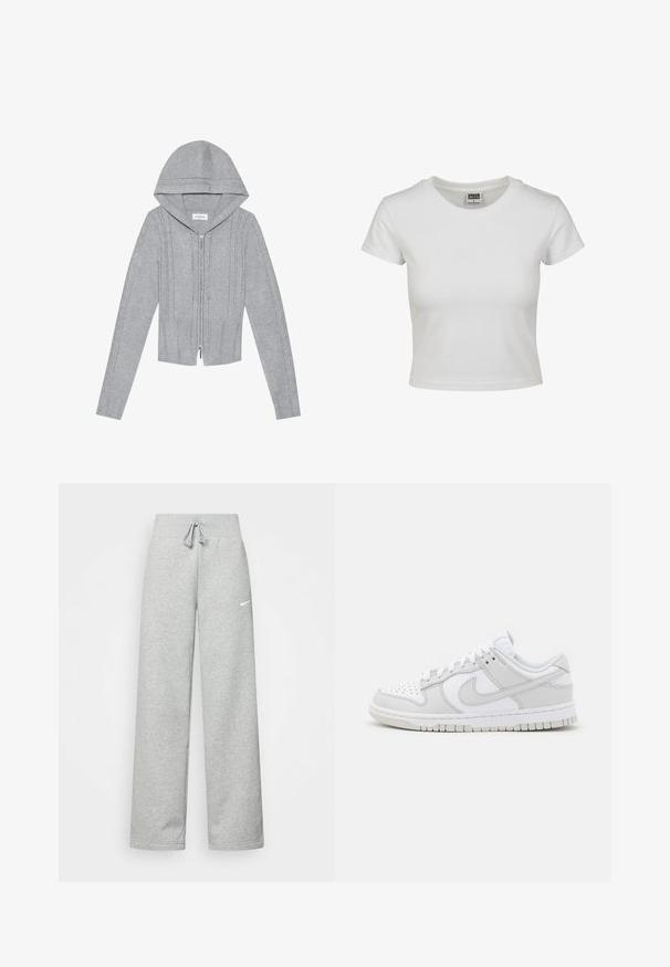 Sudadera con capucha de color gris claro con cremallera, que presenta patrones de punto trenzado, dobladillo y puños acanalados, y una textura suave. Perfecta para superponer.; Camiseta de algodón blanca con cuello redondo clásico, mangas cortas y forma ajustada. Sin patrones ni acentos visibles.; Pantalones de chándal grises con cintura elástica, detalle de cordón y un pequeño logo blanco de Nike en el muslo izquierdo. Tejido suave, de corte holgado.; Zapatillas blancas de cuero con acentos grises, puntera perforada, cordones planos, cuello acolchado y suela de goma texturizada.