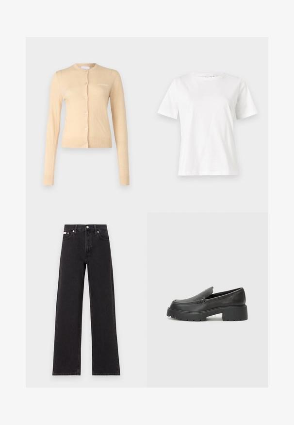 Beige cardigan made of soft material, featuring a round neckline, button front closure, and ribbed cuffs and hem. Small logo on chest.; White cotton t-shirt with short sleeves, round neckline, and a relaxed fit. Smooth texture, no patterns or accents, minimalistic design.; Black wide-leg jeans made of denim, featuring a high-rise waist, five-pocket styling, and a metal button closure with contrasting stitching.; Black leather loafers with a rounded toe, thick textured sole, and minimal stitching details. Sleek design with no visible laces or hardware.