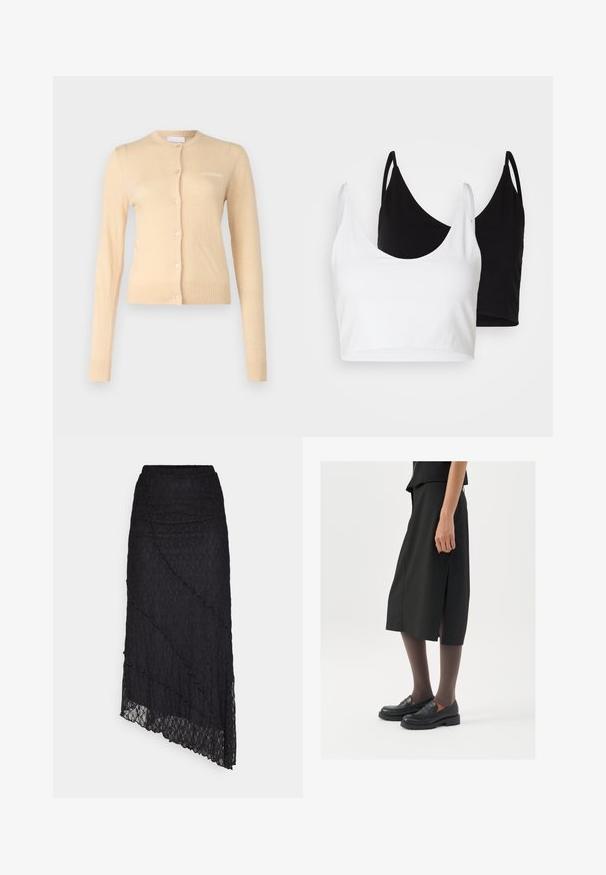 Cardigan bege feito de material macio, com um decote redondo, fecho frontal com botões e punhos e bainha canelados. Pequeno logotipo no peito.; Dois tops de algodão em branco e preto. Cada um tem um decote profundo e alças finas, apresentando uma textura suave e macia.; Top de renda preta com decote à mostra dos ombros, mangas longas em forma de sino e bordas assimétricas. Padrão floral texturizado por toda a peça.; ONLY ONLKIM LACE SKIRT - Saia comprida - black; Saia preta até ao joelho com fenda lateral, combinada com sapatos loafers pretos e meias-tights transparentes castanhas, apresentando um tecido suave e um design simples.