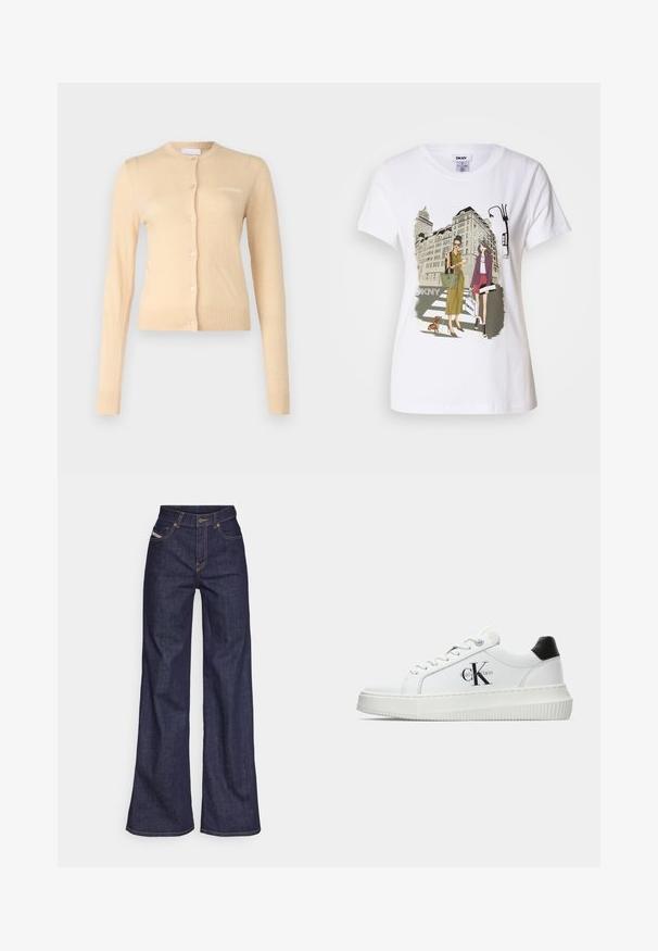 Cárdigan beige hecho de material suave, con escote redondo, cierre de botones en la parte delantera y puños y dobladillo acanalados. Pequeño logo en el pecho.; Camiseta de algodón blanca con una ilustración impresa de dos mujeres con estilos de moda urbana, un perro en un paso de peatones y edificios de la ciudad.; Vaqueros de pierna ancha de color azul oscuro, fabricados en denim, con cintura alta, costuras naranjas, diseño de cinco bolsillos y cierre de botón.; Zapatilla baja blanca con talón negro, suela de plataforma, cordones y logotipo "CK" de Calvin Klein en el lado.