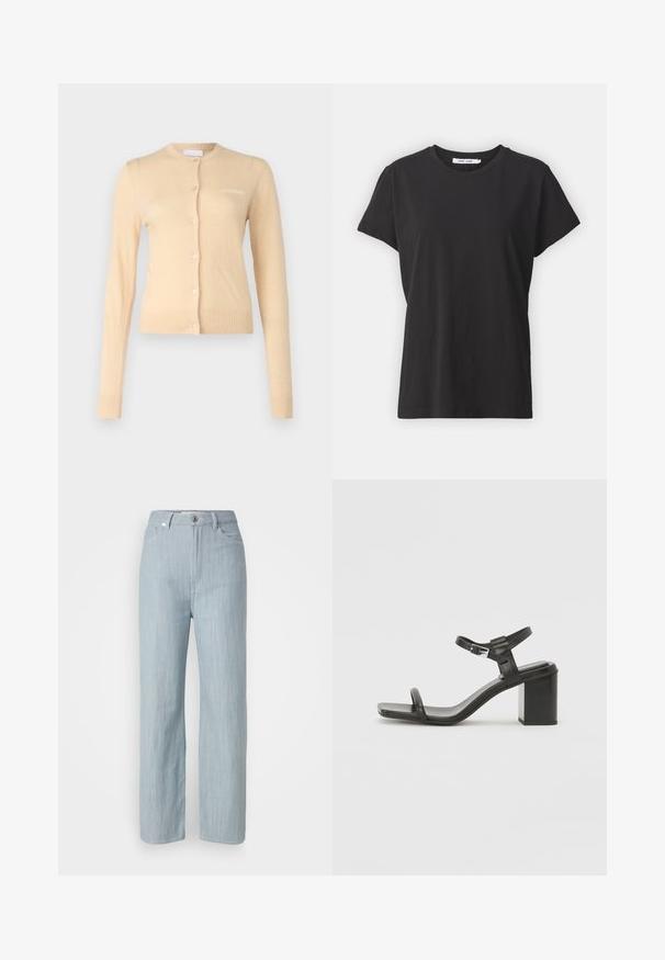 Béžový cardigan vyrobený z měkkého materiálu, s kulatým výstřihem, zapínáním na knoflíky a žebrovanými manžetami a lemem. Malé logo na hrudi.; Černé bavlněné tričko s klasickým kulatým výstřihem, krátkými rukávy a volným střihem. Hladká textura, žádné viditelné vzory nebo akcenty.; Světlé modré džíny rovného střihu z denimu. Obsahují pět kapes, kovové zapínání a jemné stárnutí pro texturu.; Černé kožené sandály na blokovém podpatku s širokým páskem přes prsty a nastavitelným popruhem kolem kotníku, vyznačující se elegantním, minimalistickým designem.
