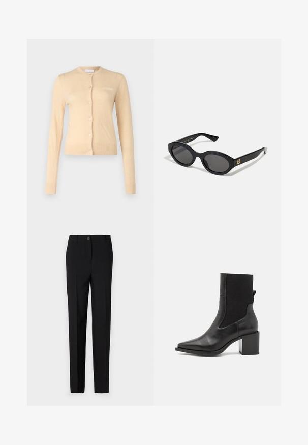 Beiger Cardigan aus weichem Material, mit rundem Halsausschnitt, Knopfleiste und gerippten Bündchen und Saum. Kleines Logo auf der Brust.; Langärmliges Oberteil mit Leopardenmuster und hohem Kragen, aus elastischem Stoff gefertigt. Hat einen beigefarbenen Grundton mit braunen Flecken. Glatte Textur, figurbetontes Design.; Schwarze, maßgeschneiderte Hose mit geradem Bein, ausgestattet mit einem Knopfverschluss und Gürtelschlaufen, aus glattem Stoff gefertigt.; Schwarze Stiefelette mit spitzem Schuhschnitt, aus glattem Leder und elastischem Stoff gefertigt. Mit Blockabsatz und minimalistischem Design.; Schwarze ovale Sonnenbrille mit dunklen Gläsern und glänzendem Kunststoffrahmen. Mit goldenem Logo am Bügel, das ein elegantes und modernes Design bietet.