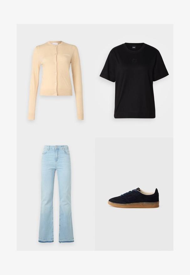 Beige cardigan made of soft material, featuring a round neckline, button front closure, and ribbed cuffs and hem. Small logo on chest.; Black cotton t-shirt with a crew neckline, short sleeves, and an embroidered logo on the chest. Simple, relaxed fit with no patterns.; Light blue flared jeans made of denim, featuring a high waist, front pockets, and a raw hem at the cuffs for a casual look.; Navy suede sneaker with a gum rubber sole, blue laces, and minimalist design. Features embossed logo on the side and smooth inner lining.