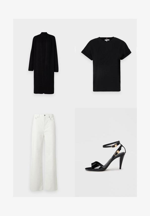 Svart ribbestrikket cardigan med lange ermer og åpen front. Myk tekstur og minimalistisk design, som strekker seg forbi knærne. Ingen lukking.; Svart bomull T-skjorte med rullet kort erm, med et preget logo i midten og en liten flaggdetalj på siden.; Samsøe Samsøe SHELLY - Jeans relaxed fit - clear cream; Svart patentlær høyhælte sandaler med doble ankelstropper og gullspenner, åpen tå og slank, avsmalnende hæl på nøytral bakgrunn.