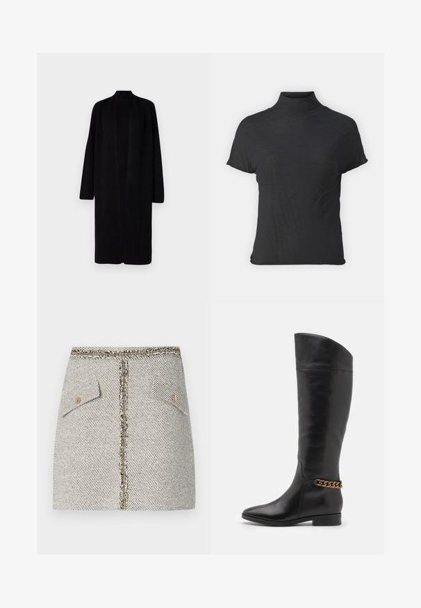 Schwarze gerippte Strickjacke mit langen Ärmeln und offenem Frontbereich. Weiche Textur und minimalistisches Design, das über die Knie reicht. Ohne Verschlüsse.; Schwarzes, kurzärmliges Turtleneck-Oberteil aus leichtem Stoff mit glatter Textur und figurbetonter Passform, ausgestattet mit einem hohen Kragen.; Wolltweed-Rock im weißen und schwarzen Fischgrätenmuster, verfügt über zwei Fronttaschen und einen Reißverschluss in goldfarbener Optik auf der Rückseite mit fransigen Kanten.; Hohe schwarze Lederstiefel mit elegantem Design, spitzer Zehe und einem goldenen Kettenakzent am Knöchel. Tiefer Blockabsatz. Glatte Textur.