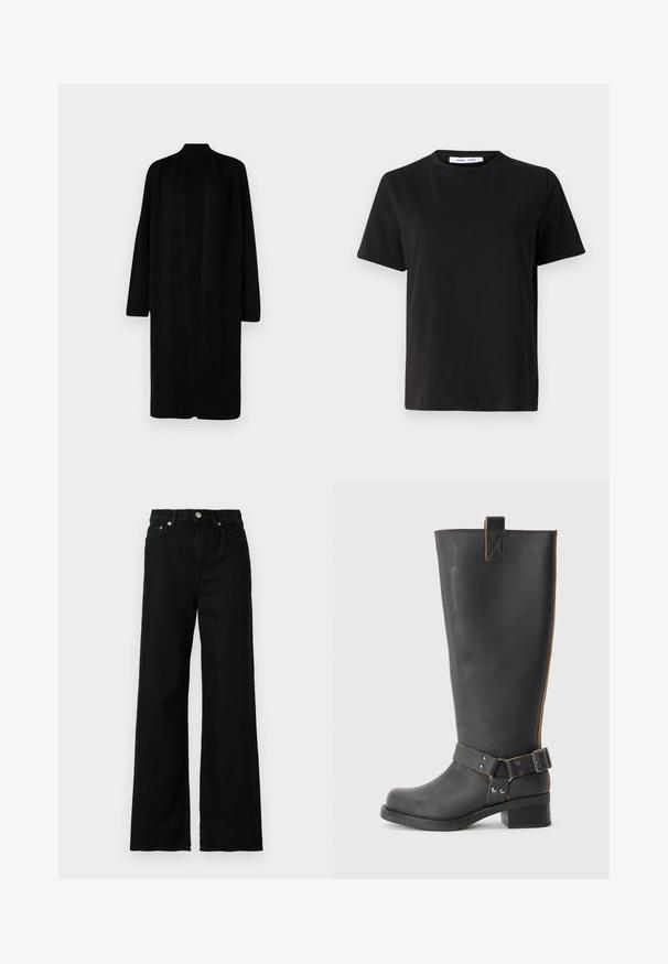 Černý žebrovaný kardigán s dlouhými rukávy a otevřeným předním dílem. Měkká textura a minimalistický design, který sahá pod kolena. Bez zapínání.; Černé tričko s krátkým rukávem vyrobené z měkké bavlny, s kulatým výstřihem, volným střihem a hladkým povrchem. Žádné viditelné vzory ani grafika.; Černé džíny z denimu s vysokým pasem, širokými nohavicemi, předním zapínáním na knoflík a zip, a klasickým designem pěti kapes.; Černé kožené vysoké boty po kolena s texturovaným povrchem, které mají boční kovovou sponu a nízký podpatek. Podrobné šití podél švů.