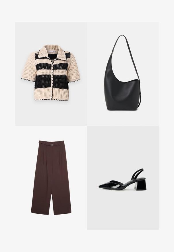 Kurzärmliges Hemd in Beige und Schwarz mit einem strukturierten Häkelmuster, horizontalen Streifen und gewellten Kanten.; Brauner, hochgeschlossener Badeanzug mit dünnen, verstellbaren Trägern; zeichnet sich durch einen hohen Beinschnitt und eine glatte Textur aus. Keine Muster oder Verzierungen.; Stradivarius WIDE-LEG WITH BUCKLE DETAIL - Stoffhose - dark brown; Schwarze Lackleder-Slingback-High Heels mit spitzem Schuh und einem geometrischen Blockabsatz. Verfügt über ein schlankes, minimalistisches Design und eine glatte Textur.; Schwarze Leder-Hobo-Tasche mit einer glatten Textur, geschwungener Form und einem einzelnen verstellbaren Tragegurt; verfügt über eine weite Öffnung am oberen Ende.