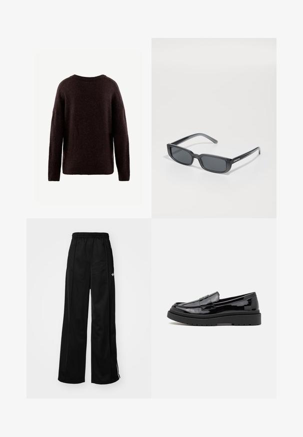 Maglione marrone scuro realizzato in un tessuto morbido e testurizzato. Collo rotondo, maniche lunghe e vestibilità rilassata. Design semplice senza motivi visibili.; T-shirt bianca a maniche corte in cotone, con scollatura rotonda e vestibilità relaxed. Tessuto morbido e senza motivi o decorazioni visibili.; Pantaloni da tuta neri a gamba larga con vita elasticizzata, caratterizzati da strisce laterali bianche e un piccolo logo sull'anca sinistra. Tessuto liscio.; Mocassini neri in pelle verniciata con punta arrotondata, una cintura decorativa e una spessa suola in gomma nera. Texture liscia e lucida con cuciture minime.; Occhiali da sole neri rettangolari con una montatura spessa in plastica e lenti scure. Presentano il nome del marchio "ARNETTE" sul lato, design elegante e finitura lucida.