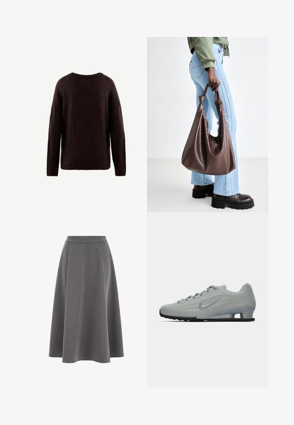 Pull marron foncé en tissu doux et texturé. Encolure ronde, manches longues et coupe décontractée. Design simple sans motifs visibles.; T-shirt blanc oversize en coton doux. Il possède des manches courtes, un col rond et une coupe décontractée sans motifs ni accents visibles.; Jupe A-line grise avec une texture lisse, un design plissé et une taille ajustée. Le tissu semble léger et tombe doucement.; Vue latérale d'une sneaker Nike gris clair avec des lacets, un logo swoosh et une semelle de coussin transparent sur un fond uni.; Sac fourre-tout en cuir tissé marron avec des poignées nouées, porté par une personne en jean bleu clair et des chaussures noires épaisses. Surface lisse et texturée.