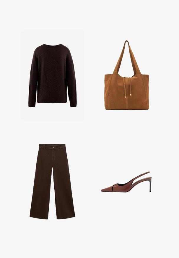 Pull marron foncé en tissu doux et texturé. Encolure ronde, manches longues et coupe décontractée. Design simple sans motifs visibles.; T-shirt marron à manches courtes en coton doux. Dispose d'un col rond et d'une coupe ample, avec une texture lisse et sans motifs visibles.; Pantalons large en coton mélangé, couleur marron, avec un ourlet effiloché, une fermeture à bouton à l'avant et un design classique à cinq poches. Minimaliste et polyvalent.; Talons hauts slingback en cuir marron avec une pointe pointue, un détail découpé au niveau du coup de pied, et un talon aiguille élégant. Texture lisse.; Sac fourre-tout en suede marron avec deux longues poignées, fermeture à cordon, et design minimaliste. Texture lisse et sans accents matériels visibles.