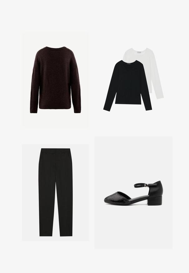 Mørkebrun sweater lavet af blødt, struktureret stof. Rund halsudskæring, lange ærmer og en afslappet pasform. Enkel design uden synlige mønstre.; To lange skjorter med lange ærmer, en sort og en hvid, begge med firkantet halsudskæring og lavet af blødt, strækbart stof.; Sorte bukser med en skræddersyet design, der har sidelommer og lige ben. Lavet af glat, letvægtsstof med en elegant finish.; Sort ankelrem sko med spids tå, der har en tekstureret overdel og en lav blokhæl for stabilitet. Materialet er en blanding af blødt læder og syntetisk stof.