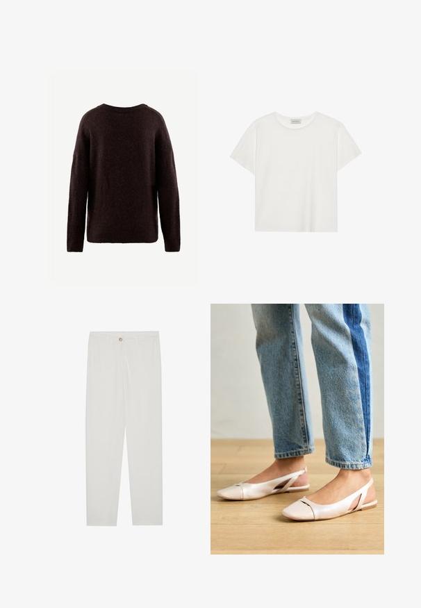 Pull marron foncé en tissu doux et texturé. Encolure ronde, manches longues et coupe décontractée. Design simple sans motifs visibles.; T-shirt blanc à manches courtes en coton doux. Présente un col rond et une coupe décontractée. Design épuré sans motifs ni accents visibles.; Pantalon blanc sur mesure avec une coupe droite, doté d'une fermeture à bouton, de passants de ceinture et de poches latérales ; texture de tissu lisse.; Ballerines slingback rose pâle avec un bout pointu, fabriquées en un matériau semblable au cuir lisse. Présentent des découpes sur les côtés et un talon plat.