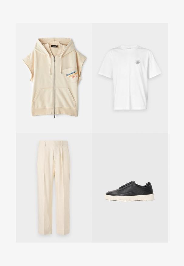 Bežinė zip-up džemperis su trumpomis rankovėmis, kengūrų kišenėmis ir siuvinėtu logotipu ant krūtinės. Minkšta medžiaga su lygia tekstūra.; Balta medvilninė marškinėlių, su trumpomis rankovėmis, apykaklė nei per aukšta, nei per žema, ir mažas pilkas logotipas kairėje krūtinės pusėje. Lygi tekstūra.; NN.07 KAY - Kelnės - off white; Juoda odinė sportinė avalynė su tekstūruotu paviršiumi, apvaliu nosiu ir plokščiu baltu guminiu padu. Yra juodi raišteliai ir ženklinimas ant kulno.