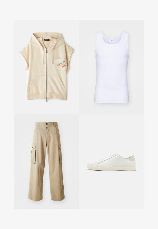 Beige színű, rövid ujjú cipzáras kapucnis pulóver, kenguru zsebekkel és hímzett logóval a mellrészen. Puha anyag, sima textúrával.; Fehér pamut ujjatlan trikó kerek nyakkivágással, sima textúrával és testhezálló fazonnal, amelyet hétköznapi viseletre terveztek.; Beige színű, pamutból készült cargo nadrág, széles lábbal, két nagy oldalsó zsebbel és gombos deréklezárással.; Fehér bőr sneaker sima felülettel, kerek orral és minimalista dizájnnal. Bézs kiemelésekkel a sarokon és gumitalppal rendelkezik.