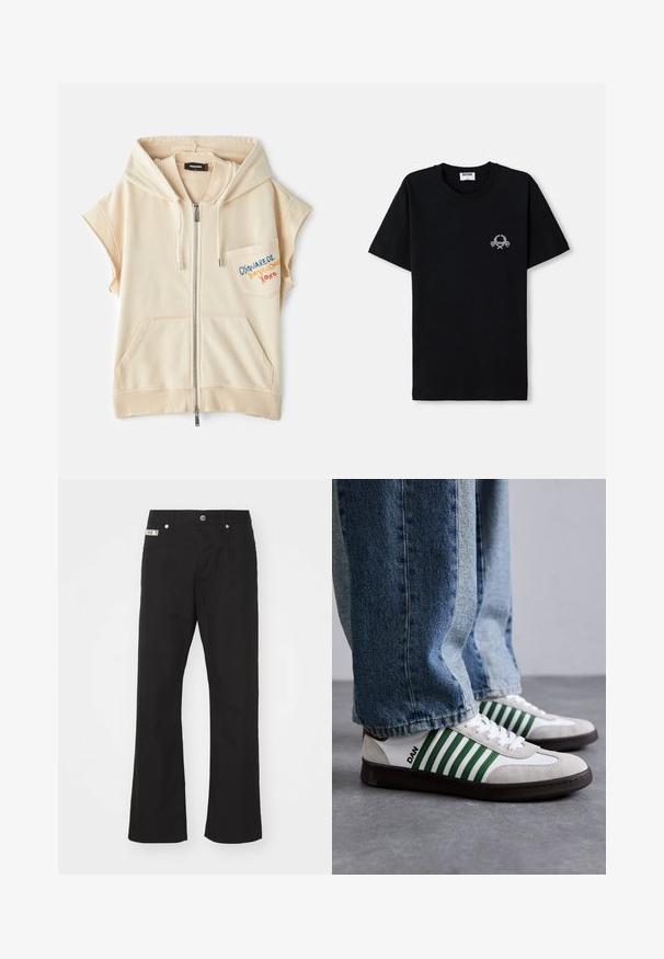 Felpa beige con zip e maniche corte, tasche a marsupio e logo ricamato sul petto. Tessuto morbido con una superficie liscia.; T-shirt in cotone nero con scollatura a girocollo. Presenta una piccola grafica bianca sul petto. Maniche corte e orlo dritto.; Pantaloni neri in cotone con design a gamba dritta, dotati di chiusura frontale con bottone, due tasche laterali e una piccola etichetta del marchio sulla cintura.; Sneaker bianco e verde realizzato in suede e pelle, con strisce verdi, lacci bianchi e suola in gomma. Abbinato a jeans blu.