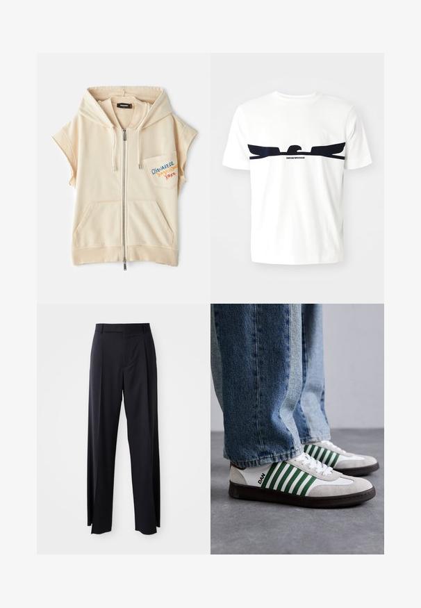 Beige zip-up hoodie with short sleeves, kangaroo pockets, and a stitched logo on the chest. Soft fabric with a smooth texture.; White cotton t-shirt featuring a navy blue eagle graphic and "EMPORIO ARMANI" text below the design. Short sleeves and a crew neck.; Black, high-waisted trousers with a wide-leg cut, made of smooth fabric. Features front pleats and belt loops. Minimalistic design, no visible hardware.; White and green sneaker with suede and leather materials, featuring green stripes, white laces, and a rubber sole. Styled with blue jeans.