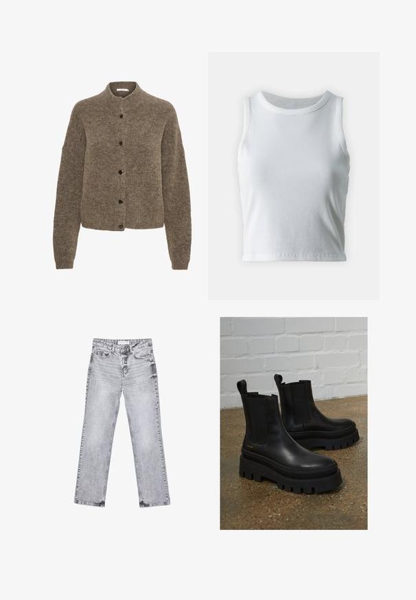 Khaki neule, joka on valmistettu pehmeästä materiaalista ja jossa on pyöreä kaula-aukko, pitkät hihat ja mustat napit edessä.; Valkoinen poimutettu hihaton toppi, jossa on pyöreä kaula-aukko, suora helma ja sileä, joustava materiaali.; Harmaat farkut suoran lahkeen leikkauksella, kulutettu yksityiskohtia, viisi taskua ja kuparinappi. Vyötärönauha sisältää logotagin.; Mustat nahkaiset nilkkurit, joissa on joustavat sivupaneelit, paksut mustat platform-pohjat ja ompeluominaisuudet, sekä vetoketju, joka helpottaa jalkaan pukemista.