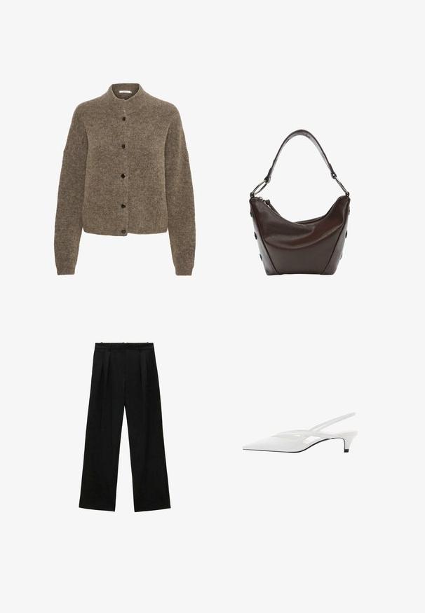 Hnedý kardigán vyrobený z mäkkého materiálu, s okrúhlym výstrihom, dlhými rukávmi a čiernymi gombíkmi pozdĺž prednej časti.; Biely bavlnený tričko s krátkym rukávom a okrúhlym výstrihom. Jednoduchý dizajn, voľný strih, hladká textúra. Žiadne vzory ani akcenty nie sú viditeľné.; Čierne široké nohavice s skladmi, s hladkou textúrou a vysokým pásom. Minimalistický štýl, žiadne viditeľné kovania ani ozdoby.; Biele slingback podpätky s špicatou špičkou, s hladkým zvrškom, jemnými výrezmi a nízkym blokovým podpätkom. Čierna podrážka zvýrazňuje dizajn.; Tmavo hnedá kožená kabelka s zakriveným tvarom, so zipsom a krátkym uchom. Obsahuje kovové súčiastky a dekoratívne čierne gombíky na boku.