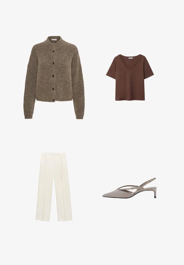 Hnedý kardigán vyrobený z mäkkého materiálu, s okrúhlym výstrihom, dlhými rukávmi a čiernymi gombíkmi pozdĺž prednej časti.; Hnedé bavlnené tričko s krátkymi rukávmi a hlbokým V-výstrihom. Jednoduchý dizajn, jemná textúra a rovný lem. Bez vzorov alebo akcentov.; Široké nohavice vo svetlej krémovej farbe. Vyrobené z hladkej látky s skladmi vpredu a bočnými vreckami.; Béžové slingback podpätky s špicatou špičkou, tenkými kríženými páskmi a krátkym ihlovým podpätkom. Hladká tkanina so zlatými kovovými akcentmi.