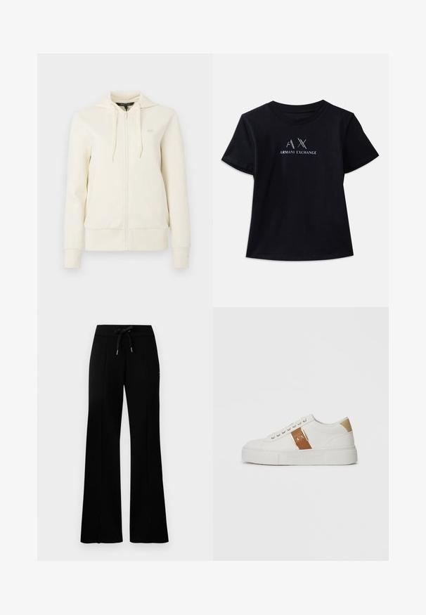 Kremfarget zip-up hettegenser med lange ermer, frontlommer, justerbar snorhette og diskret "AX"-logo på venstre bryst.; Svart kortermet t-skjorte med rund hals. Har "AX" logo og "ARMANI EXCHANGE" tekst i kontrastfarger i hvitt og metalliske aksenter. Myk stoff.; Svart vid bukse med snøring i midjen, sidelommer, myk stoff og et elegant design.; Hvit lavtopp sneaker med beige hælpatte, brun lærrem med gullspenne og A|X-merke, samt preget Armani Exchange såle.