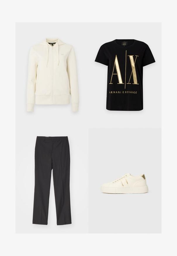 Cream-colored zip-up hoodie with long sleeves, front pockets, adjustable drawstring hood, and subtle "AX" logo on left chest.; Black cotton t-shirt featuring bold gold "A/X" logo and "ARMANI EXCHANGE" text, short sleeves, round neckline, smooth texture.; Black tailored trousers with a straight leg design, featuring belt loops and a smooth texture, made from lightweight fabric.; Cream-colored low-top sneaker with gold accents, laces, and embossed "Armani Exchange" branding on the sole and side patch.
