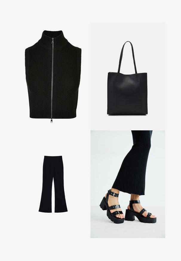 Top senza maniche nero con colletto alto, texture a costine e zip frontale completa. Design semplice senza ulteriori motivi o accenti.; T-shirt nera a maniche corte realizzata in morbido cotone con scollatura rotonda e vestibilità rilassata. Nessun motivo o accento visibile.; Pantaloni neri a palazzo con vita alta e senza tasche o bottoni visibili, mostrati su uno sfondo bianco.; Sandali neri con piattaforma, suole chunky e tassellate, dotati di molteplici cinturini, con fibbie in metallo e un texture simile alla pelle liscia.; Borsa tote in pelle nera con texture liscia, forma rettangolare e due manici lunghi. Nessun hardware o decorazione visibile.