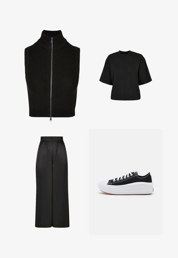 Juoda be rankovių palaidinė su aukštu apykakle, reljefiniu tekstūru ir pilnu priekiu užtrauktuku. Paprastas dizainas be papildomų raštų ar akcentų.; Juoda trumpa medvilninė palaidinė. Su trumpomis rankovėmis ir apvaliu iškirpimu. Lygus paviršius su paprastu dizainu, be papildomų raštų.; Juodos plačios kelnės, pagamintos iš lygaus, blizgaus audinio, su elastinga juosmens juosta ir be matomų kišenių ar aparatūros detalių.; Juodi drobės sportbačiai su baltais raišteliais, balta guma ant pirštų ir masyvi balta vidurine dalimi. Yra subtilių baltų siūlių ir guminis padas.