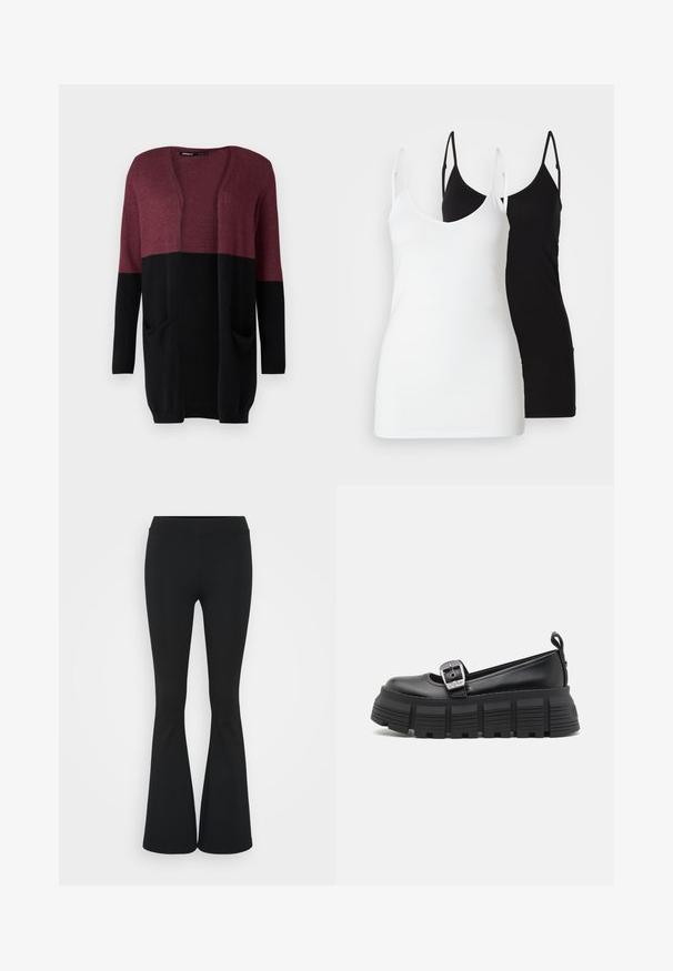 ONLY Tall ONLQUEEN - Kardiganas - windsor wine/black; Du moteriški marškiniai be rankovių: vieni balti, kiti juodi, pagaminti iš minkštos medžiagos, su plonomis petnešėlėmis ir giliu V formos iškirpimu.; Juodai platėjantys kelnių, pagamintų iš tamprių medžiagų, kurie turi aukštą juosmenį ir lygią tekstūrą. Kelnės platėja nuo kelio.; Juodi platforminiai loafersai su apvalia nosimi, lygiu oda viršumi, reguliuojamu sagtimi ir tekstūruotu guminiu padu, turinčiu horizontalias briaunas.