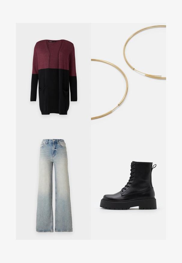 ONLY Tall ONLQUEEN bordowy; Czarny top z długim rękawem wykonany z gładkiego materiału, z okrągłym dekoltem oraz marszczeniami na ramionach i mankietach.; Jasnoniebieskie dżinsy o szerokich nogawkach, wykonane z denimu, z wysokim stanem, pięcioma kieszeniami i widocznym przeszyciem wzdłuż szwów.; Czarne skórzane botki za kostkę z okrągłym noskiem, sznurówką z przodu i grubą gumową podeszwą z teksturowanym bieżnikiem. Pętelka do zakładania z tyłu.; Złote kolczyki w kształcie cienkich okrągłych obręczy, o gładkim metalicznym wykończeniu, bez zdobień czy wzorów.