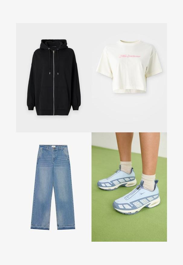 Sweatshirt preto com fecho, feito de tecido suave, apresentando um capuz com cordão, dois bolsos frontais e punhos canelados para um ajuste descontraído.; T-shirt cortada, de cor creme, feita de algodão. Apresenta um logo bordado em rosa que diz "Nike Sportwear". Com mangas curtas e gola redonda.; Jeans de cintura alta, largura larga, em azul claro, com fecho de botão, bolsos frontais, passantes para cinto e detalhes de desbotamento sutis.; Sapatos de desporto azul claro com acabamento branco, painéis texturizados e fecho de zíper. Apresentam uma sola com amortecimento visível e sola em borracha.