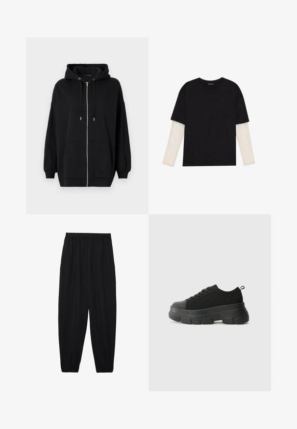 Melna velūra jaka ar rāvējslēdzēju, kas izgatavota no mīksta auduma, ar regulējamu kapuci, divām priekšējām kabatām un ribotām aprocēm, nodrošinot brīvu piegriezumu.; Melna kokvilnas T-kreklu ar īsām piedurknēm, virs baltas garām piedurknēm ar smalku teksturētu rakstu. Apaļas kakla izgriezuma dizains.; Melnas, vieglas bikses ar elastīgu jostu un savilktiem potītiem. Audums ir gluds un to raksturo brīva, sašaurināta forma.; Melnas kedas ar masīvu gumijas zoli, teksturētu auduma augšdaļu, apaļu purngalu un saistīšanas dizainu. Iekļautas pastiprinātas acs atveres un aizmugurējais cilpiņas siksniņa.