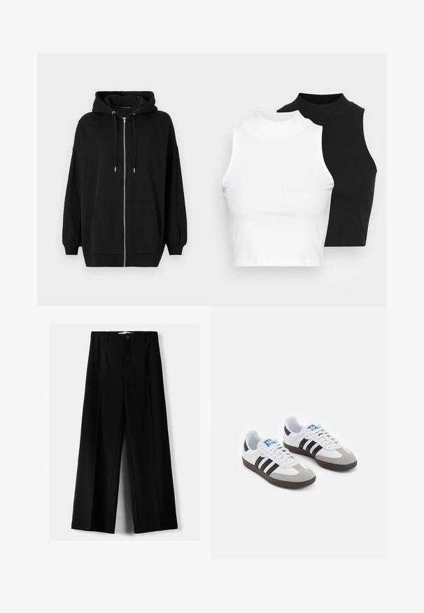 Fekete, cipzáras kapucnis pulóver, puha anyagból készült, húzózsinórral ellátott kapucnival, két elülső zsebbel és bordázott mandzsettával a kényelmes viselet érdekében.; Két ujjatlan, bordázott garbós top fekete és fehér színben, testhezálló kialakítással és sima textúrával, rövidített hosszal.; Fekete, bő szárú nadrág, könnyű anyagból, elöl gombos záródással és sima elfröccsenésű fazonnal, szépen varrott szegélyekkel.; Fehér bőr felsőrészes sportcipő, szürke velúrból készült orral és három fekete csíkkal. Jellemzője a kék logó a nyelvén és egy texturált gumitalp.