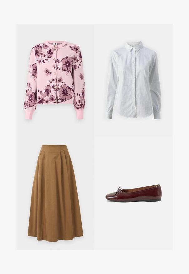 Cardigã floral rosa com detalhes roxos, apresentando um fecho de botões, punhos canelados e uma textura suave. O design inclui padrões de flores dispersas.; Camisa branca de botão feita de algodão suave, com colarinho clássico, mangas longas e bainha curva. Os botões são pequenos e brancos.; Saia A-line de algodão castanho com cintura alta, apresentando pregas na parte da frente e uma textura suave. As bordas da bainha são limpas e simples.; Bailarinas em couro sintético borgonha com bico redondo, pequeno laço na frente e sola baixa em borracha preta. Textura suave.