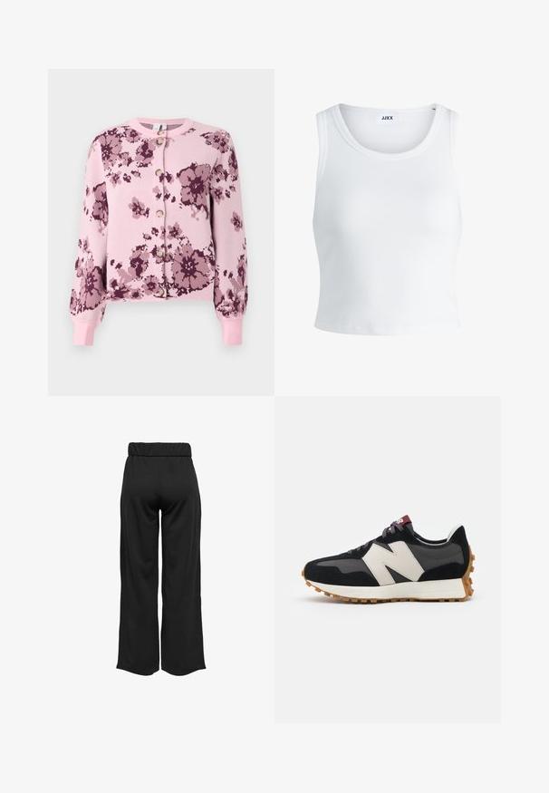 Rosa blomsterstrikkegenser med lilla detaljer, med knappelukking, ribbede mansjetter og myk tekstur. Designet inkluderer spredte blomster mønstre.; Hvit ribbestrikket tank topp med rund hals, uten ermer og croppe lengde. Merket leser "JJXX." Glatt stoff tekstur.; Svarte, vide bukser med elastisk midje, laget av glatt stoff. Har et rent design uten lommer eller synlige sømmer.; Sorte og grå sued sneakers med et stort cremefarvet "N" logo, lilla snørebånd og en tekstureret gummisål.