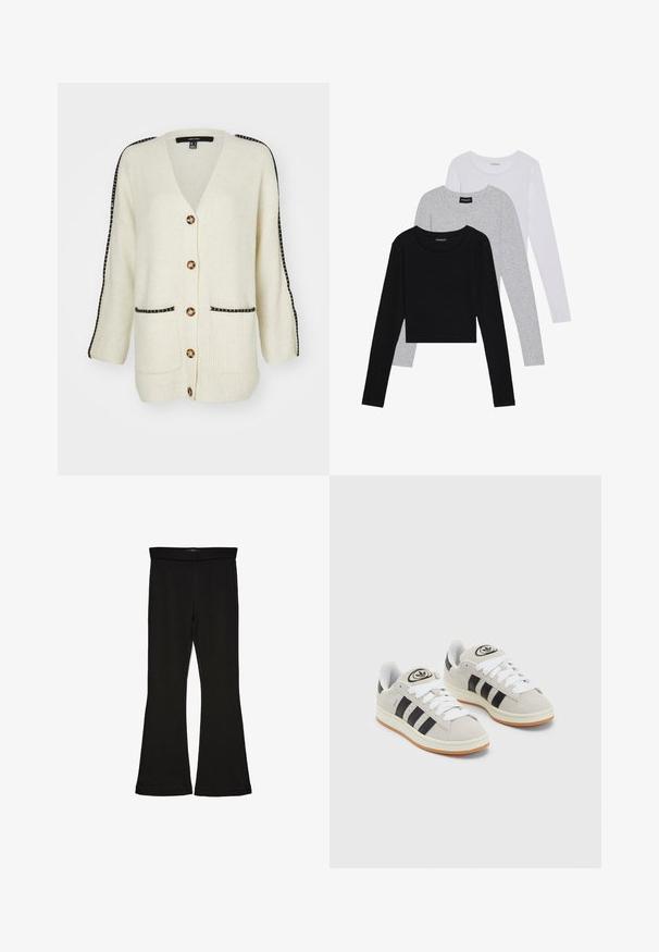Cremfarbener Cardigan mit gerippter Struktur, V-Ausschnitt, fünf goldenen Knöpfen und schwarzen Streifenakzenten an den Ärmeln.; Drei langärmelige Oberteile gestapelt: schwarz, grau und weiß. Jedes hat einen runden Halsausschnitt und ein kurzes Design aus glattem, leichtem Stoff.; Schwarze Schlagleggings aus dehnbarem Stoff. Sie verfügen über einen breiten Bund und eine glatte Textur, mit einer enganliegenden Silhouette, die am Saum ausgestellt ist.; Graue Wildledersneaker mit weißen Schnürsenkeln, schwarzen Streifen und einer weißen Gummisohle. Merkmale sind ein kreisförmiges Logo auf der Zunge und eine Gummisohle.