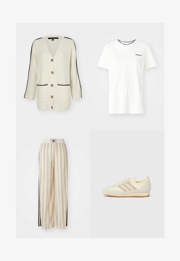 Cárdigan color crema con textura acanalada, con un escote en forma de V, cinco botones dorados y acentos de rayas negras a lo largo de las mangas.; Camiseta de algodón blanca con manga corta y escote redondo. Presenta un logo negro de Adidas en el pecho y un cuello interior negro en contraste.; Pantalones de pierna ancha en color crema con un patrón en zigzag, que cuentan con una cinturilla con logo negro y franjas negras en los laterales. Tejido ligero y texturizado.; Zapatilla deportiva crema con tres rayas beige, materiales de ante y textil, una suela texturizada y un logotipo en relieve en el talón.