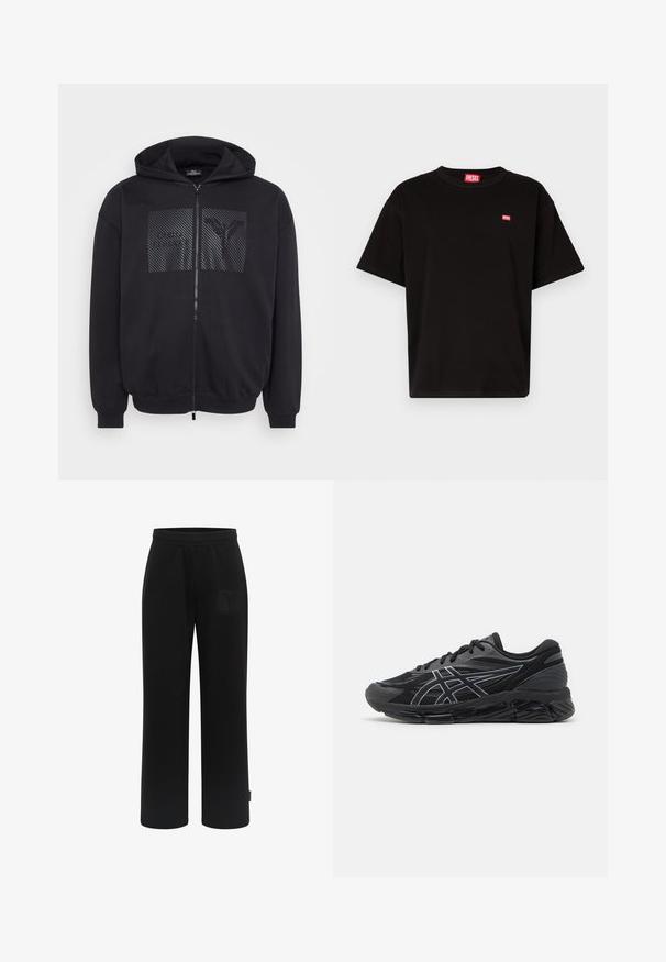 Mustapukuinen vetoketjullihoodie, jossa on teksturoitu graafinen patchi, ribbed hihansuut ja helma sekä säädettävä huppu.; Musta puuvillapaita, jossa on pyöreä pääntie, lyhyet hihat ja pieni punainen Diesel-logo rinnassa. Suora helma, minimalistinen muotoilu.; Mustat juoksuhousut pehmeästä kankaasta, joissa on leveä lahjesuunnittelu, elastinen vyötärö ja teksturoitu logopatch etutaskussa.; Miestne bežecké topánky z čiernej sieťoviny s reflexnými striebornými akcentmi, so zjemnenou podrážkou a štruktúrovaným povrchom pre lepšiu priľnavosť.