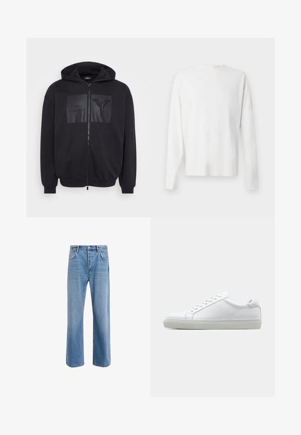 Fekete cipzáras kapucnis felső, texturált grafikus folttal, bordázott mandzsettákkal és szegéllyel, valamint állítható kapucnival a tökéletes illeszkedés érdekében.; Hosszú ujjú fehér pamut ing kerek nyakkivágással, az alján oldalsó hasítékokkal és sima textúrával, hátulról bemutatva.; Világoskék farmernadrág, egyenes szárú fazonnal, öt zsebbel, gombos záródással, minimális kopással és kontrasztos varrással.; Fehér sportcipő sima bőr felső résszel és alacsony profilsal. Kerek orr, hat fűzőlyuk és barázdált gumitalp jellemzi.