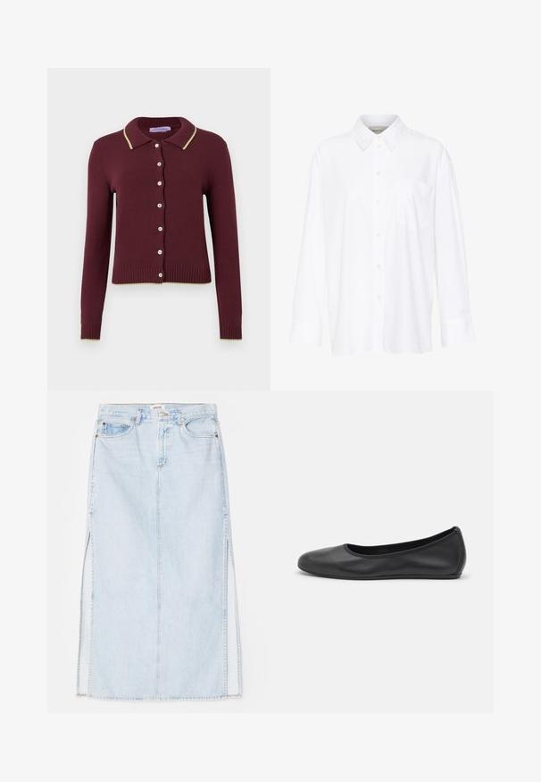 Burgunderfarget cardigan med kragesnitt, kremfarget kant, åtte knapper foran og ribbestrikkede mansjetter og nederste kant. Myk strikketekstur.; Hvit langermet skjorte med krage laget av bomull. Den har en knappestolpe foran og en enkelt brystlomme. Glatt tekstur og avslappet passform.; Lys blå denim maxi skjørt med rett snitt, med sidespalter og fem-lommers design. Fremtredende søm og metallknapplukking.; Svart skinnballettflatt med rund tå, glatt tekstur, minimal sømdetalj, og et fleksibelt såledesign.