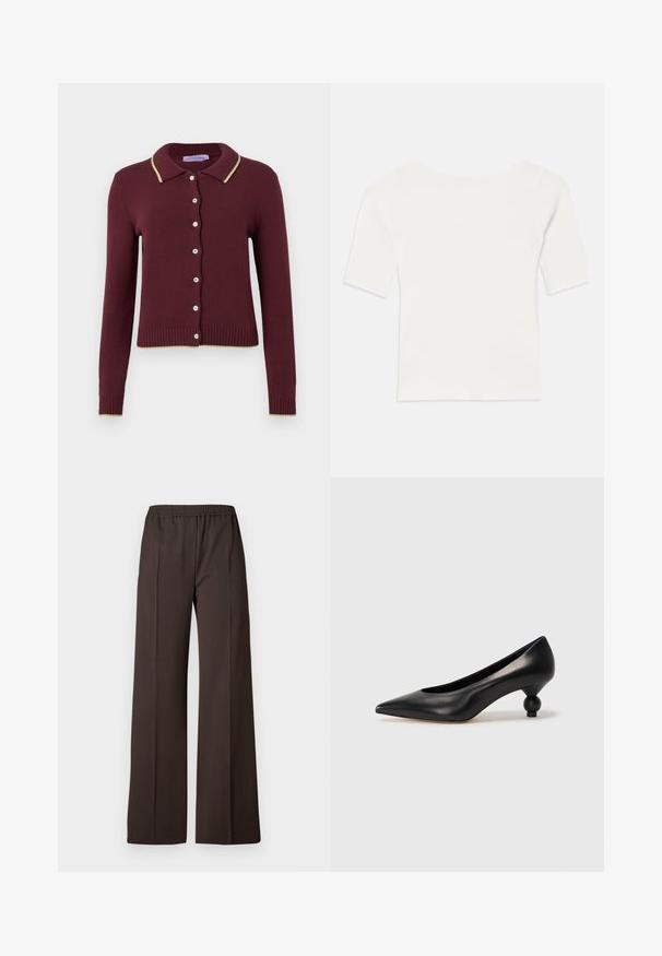 Bordo kardiganas su apykakle, kreminiais akcentais, aštuoniomis mygtukais priekyje ir raukšlėmis ant rankovių bei apatinio krašto. Minkštas mezginys.; Balta raukšlėta trumpomis rankovėmis palaidinė su plačiu kaklu. Tekstūra turi vertikalias juosteles, pabrėžiančias tvirtą prigludimą ir paprastą dizainą.; Tamsiai rudos spalvos plačios kelnių kelnės iš elastinės medžiagos, turinčios lygų paviršių ir švarias linijas, suteikiančias pritaikytą išvaizdą.; Juoda odinė aukštakulnė bateliai su smailiu pirštu ir apvaliu, iškiliu kulnu. Lygus paviršius su elegantišku, minimalistiniu dizainu.