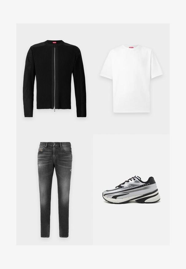 Μαύρο σακάκι με φερμουάρ μπροστά, διακοσμημένο με κατακόρυφη ραφή και στρογγυλή λαιμόκοψη. Μαλακό ύφασμα με μακριά μανίκια και εφαρμοστή γραμμή.; Λευκό βαμβακερό t-shirt με στρογγυλή λαιμόκοψη και κοντά μανίκια. Περιέχει ένα διακριτικό λογότυπο μπροστά και μια κόκκινη ετικέτα στη λαιμόκοψη.; Γκρίζες τζην ψηλόμεσες με στενή εφαρμογή, διαθέτοντας ελαφριές φθορές, καταστροφικές λεπτομέρειες και παραδοσιακή κουμπότρυπα.; Αθλητικό παπούτσι τρεξίματος με ασημί πλέγμα επάνω, μαύρες λεπτομέρειες και λευκή σόλα. Διαθέτει υφή στο σχέδιο και μαύρες κορδόνες. Ελαφρύ και με ενίσχυση.
