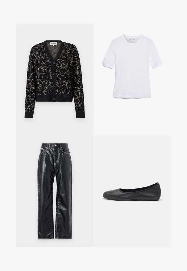 Marimekko EILINEN PIIRTO UNIKKO CARDIGAN - Kardigan - black/beige; Valge lühikeste varrukatega T-särk ribatud kangast. Ümara kaelusega, tavalisest sobivusest ja peente õmbluse detailidega. Ilma mustrite või graafikateta.; Mustad kunstnahk püksid laia sääre lõikega, valgete õmblustega, esi-taskutega ning kuldse nupuga vöökoha juures.; Musthave mustika tantsutossud mustast nahast, ümmarguse varbaga, siledast tekstuurist, minimaalse õmblusdetailiga ja paindliku tallakujundusega.