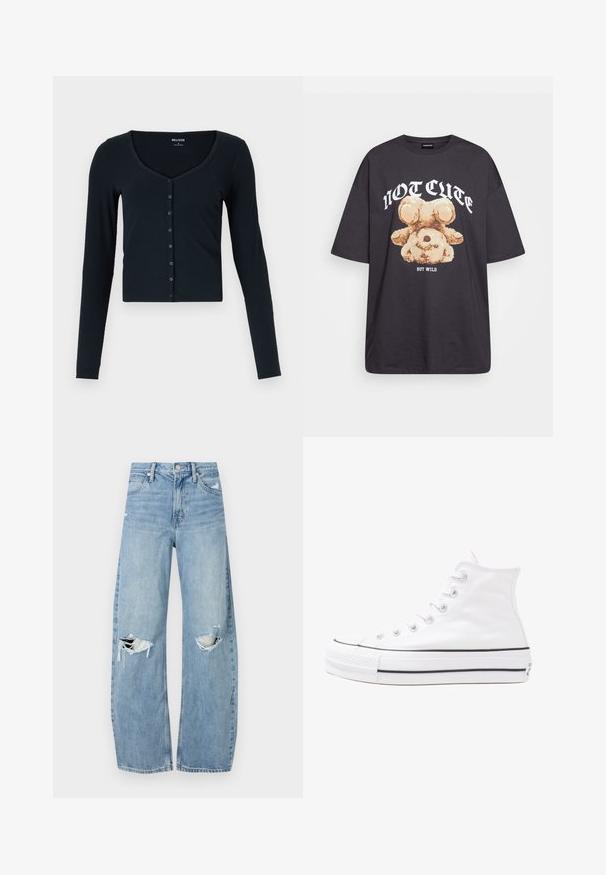 Top corto de manga larga negro hecho de tela acanalada. Presenta un escote profundo y una fila de botones en la parte frontal.; Camiseta negra de gran tamaño con un gráfico de un oso y el texto "NO LINDO SINO SALVAJE" en letras blancas y en negrita. Material de algodón.; Vaqueros de mezclilla de tiro alto en azul claro. Tienen piernas anchas, dos áreas desgastadas en las rodillas y un estilo clásico de cinco bolsillos.; Zapatilla de lona alta blanca con suela de goma negra, puntera de goma frontal y seis ojetes para los cordones, que presenta un diseño limpio y minimalista.
